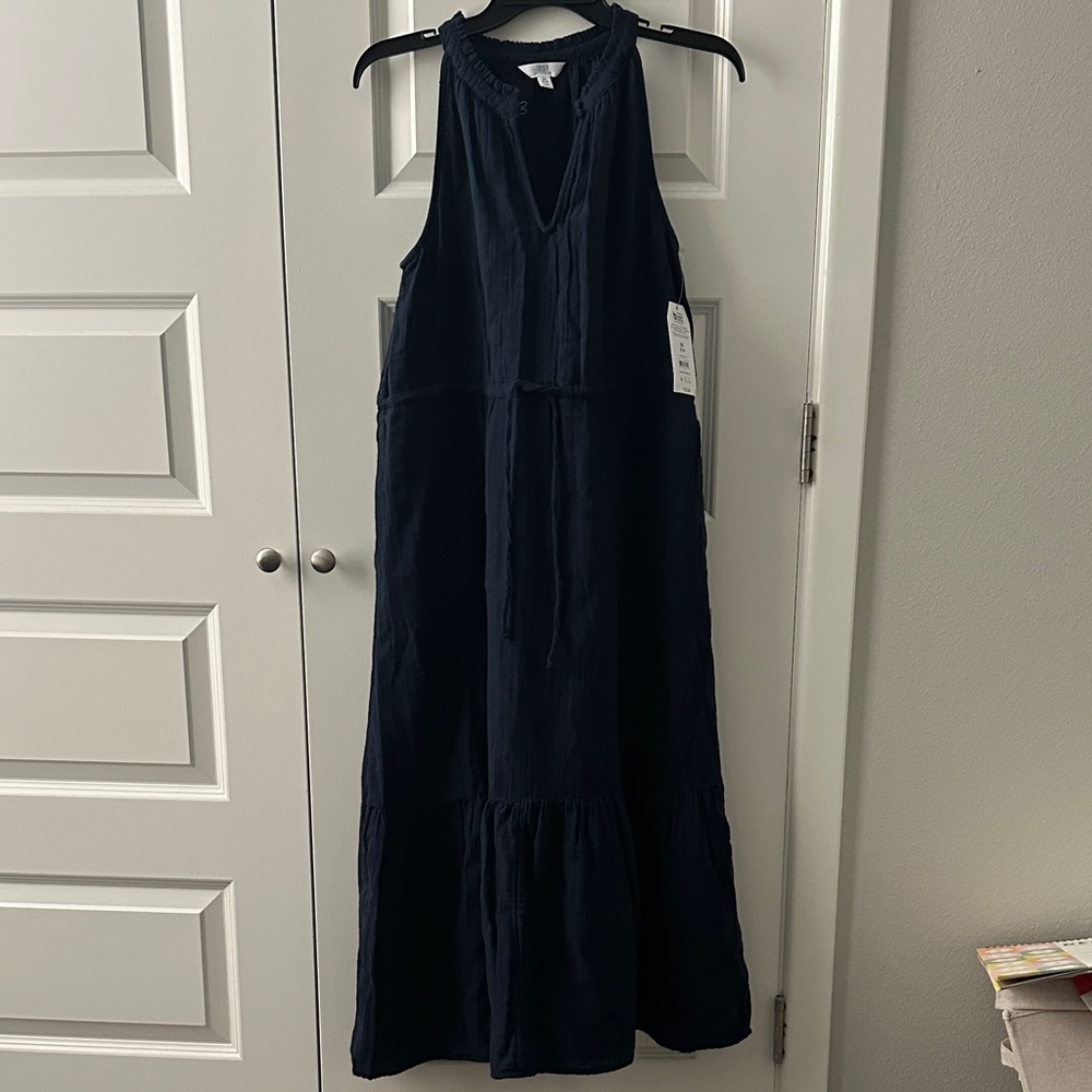Time and Tru Navy Sleeveless V-Neck Maxi Dress with Drawstring
